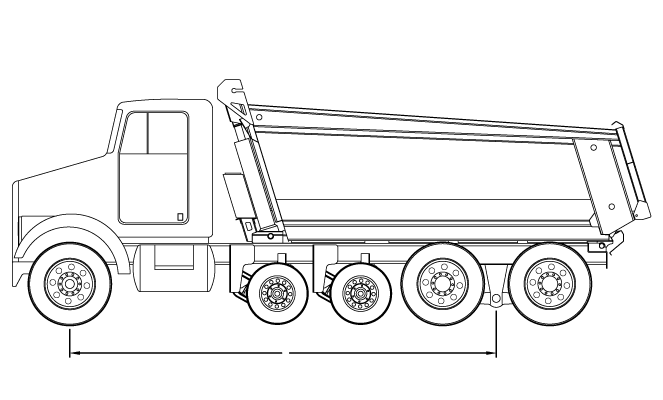 Bridge law example: quad-axle dump truck with 215 inch wheelbase and 60,500 lbs GVW